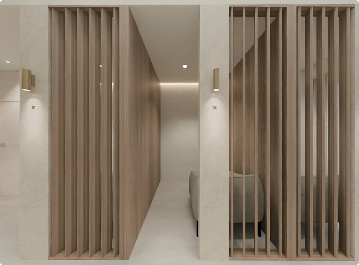 木製ルーバーで仕切られた番号付き半個室の待合スペース